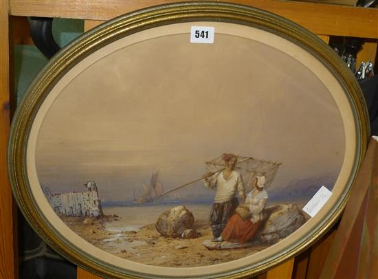 Oval watercolour, fisherman and wife, A.Penley